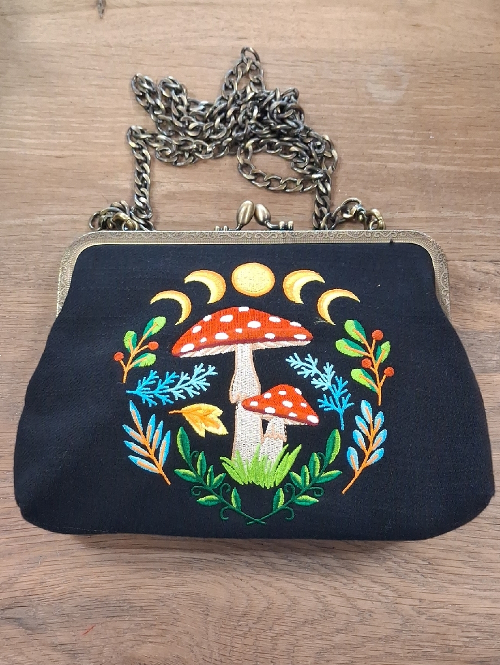 Mushroom Embroidered Black Crossbody Bag with Chain Strap